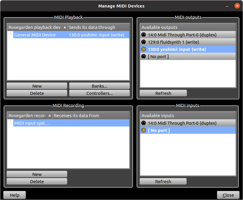 Rosegarden's Manage MIDI Devices window with Yoshimi.